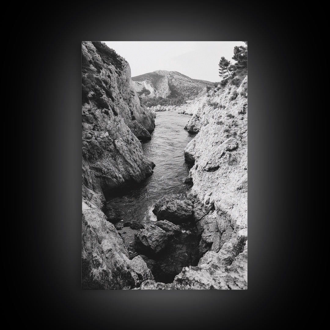 Mountain Gorge, Rugged Canyon, Flowing Stream, Wilderness Explorer, Framed Canvas Print, Cabin Wall Art, Adventurous Rustic Style