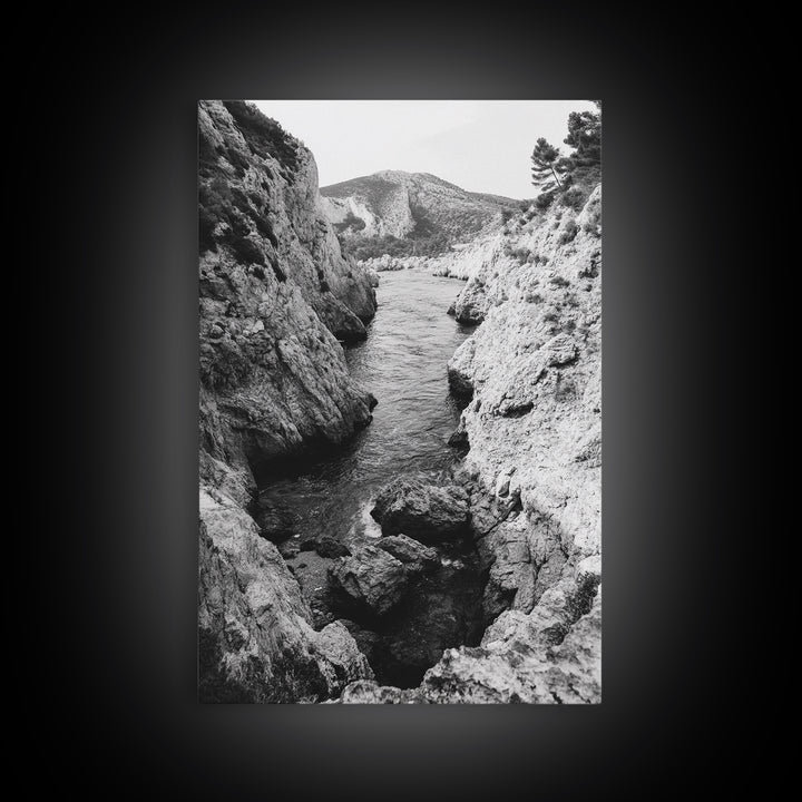 Mountain Gorge, Rugged Canyon, Flowing Stream, Wilderness Explorer, Framed Canvas Print, Cabin Wall Art, Adventurous Rustic Style