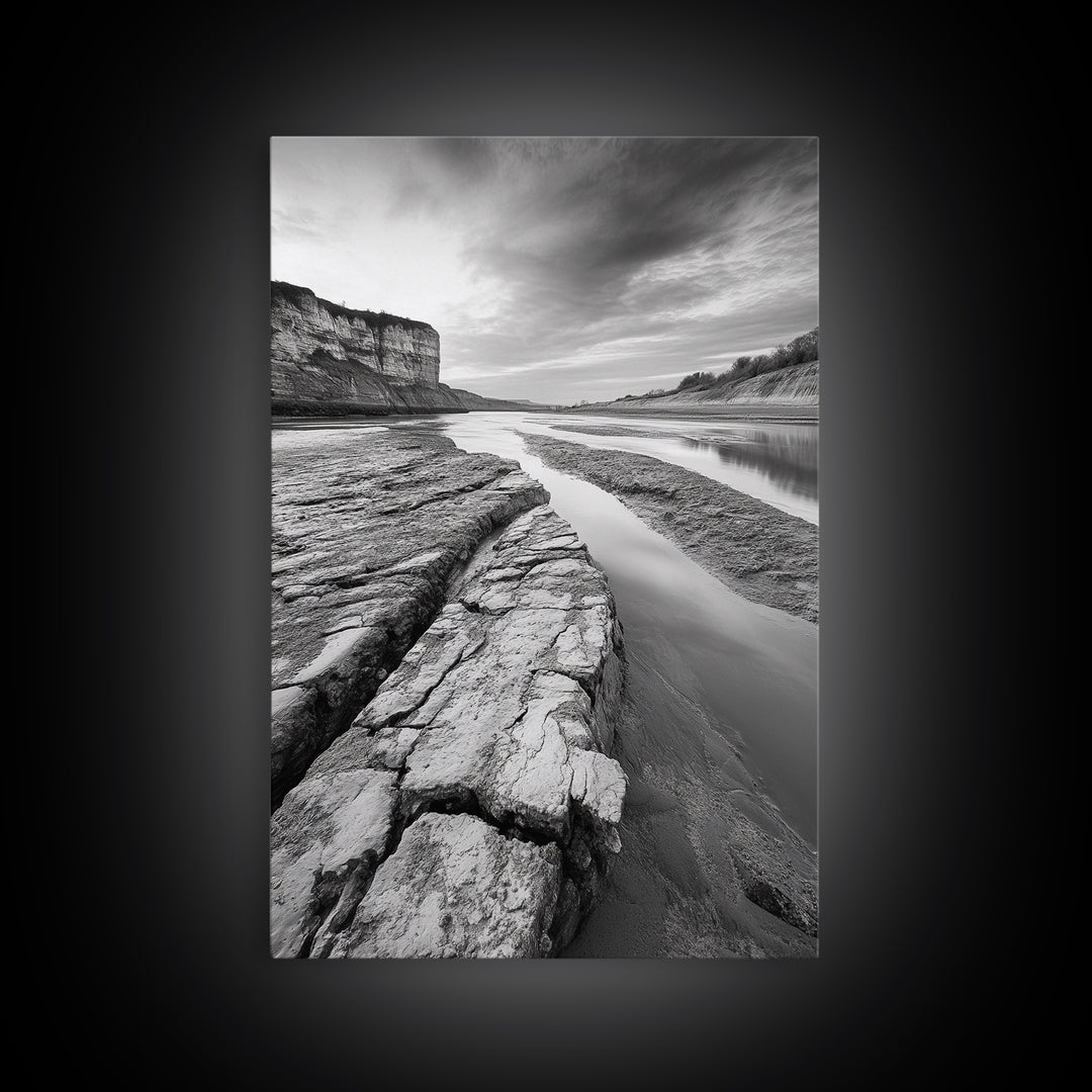 Eroded Riverbed, Desert Rock, Serene Canyon, Long Exposure, Framed Canvas Print, Earth Tones, Dining Room Decor, Nature Inspired