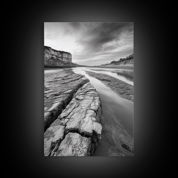 Eroded Riverbed, Desert Rock, Serene Canyon, Long Exposure, Framed Canvas Print, Earth Tones, Dining Room Decor, Nature Inspired
