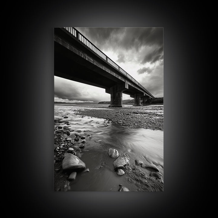 Stormy Bridge, River Rocks, Dramatic Sky, Modern Landscape, Framed Canvas Print, Moody Photography, Office Wall Art, Minimalist Decor