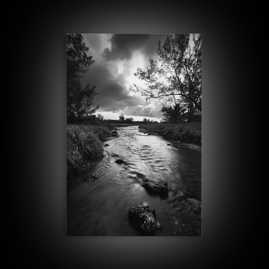 River Flow, Storm Clouds, Nature Trees, Monochrome Scene, Framed Canvas Print, Bathroom Wall Art, Moody Landscape, Rustic Home Decor