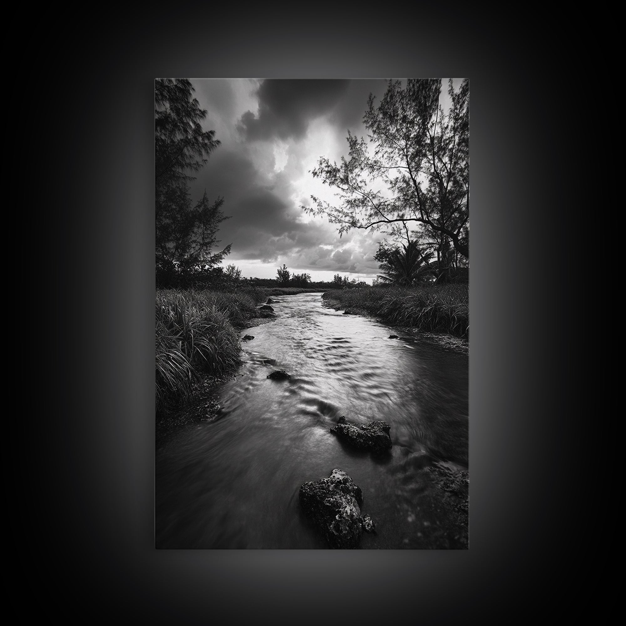 River Flow, Storm Clouds, Nature Trees, Monochrome Scene, Framed Canvas Print, Bathroom Wall Art, Moody Landscape, Rustic Home Decor