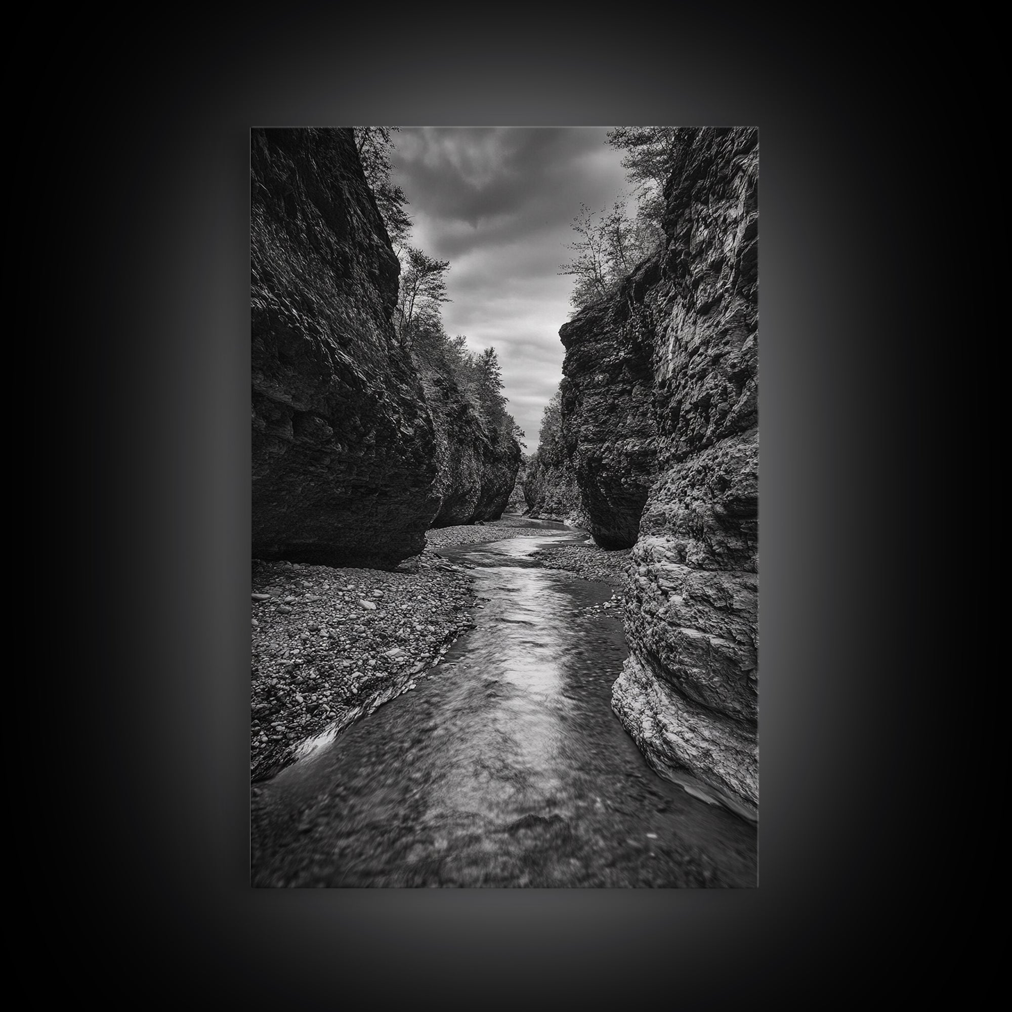 Canyon River, Rugged Path, Rock Walls, Adventure Nature, Framed Canvas Print, Cabin Wall Art, Explorer Decor, Wilderness Vibe