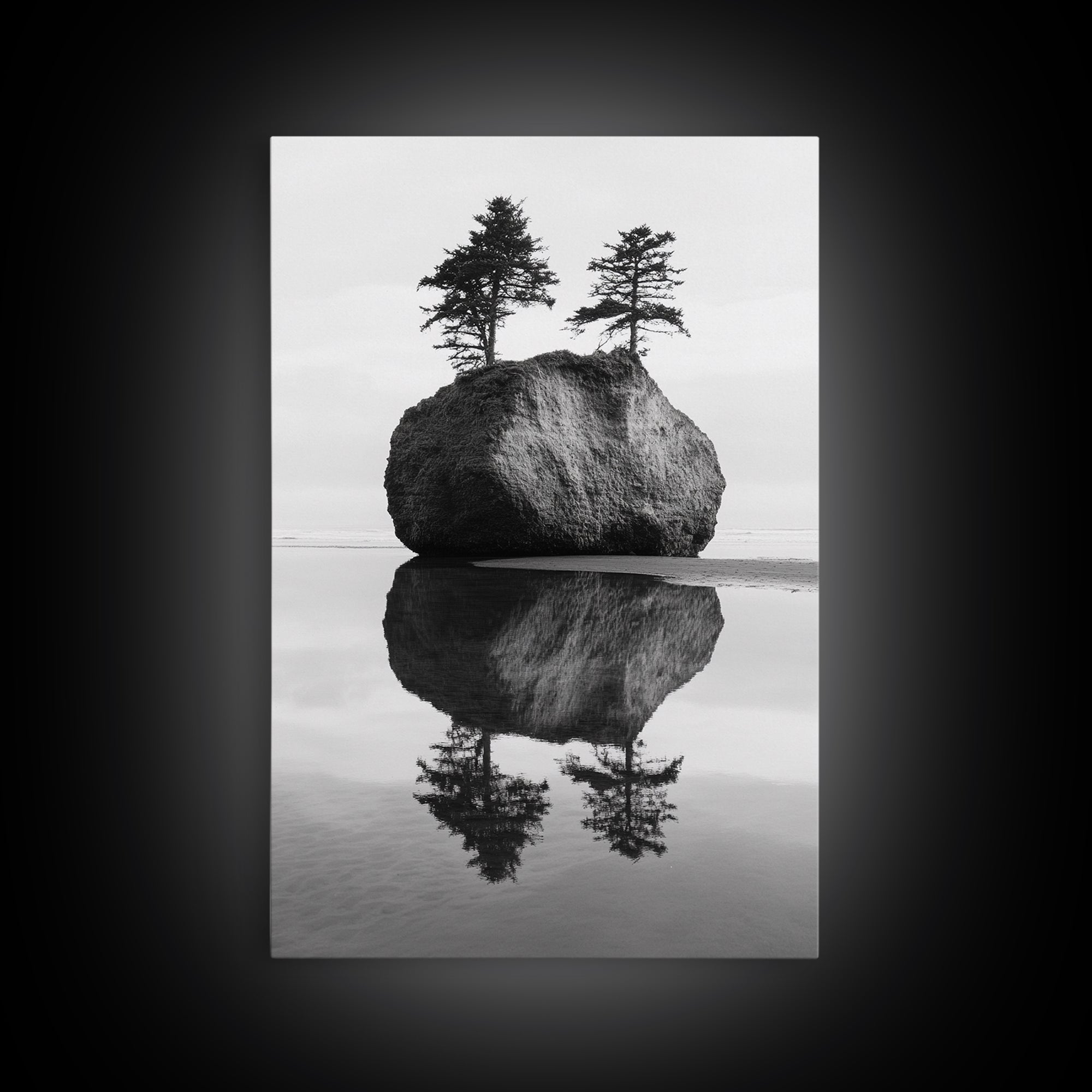 Island Reflection, Twin Trees, Still Water, Minimal Seascape, Framed Canvas Print, Bedroom Wall Art, Zen Decor, Black and White Art