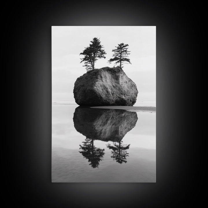 Island Reflection, Twin Trees, Still Water, Minimal Seascape, Framed Canvas Print, Bedroom Wall Art, Zen Decor, Black and White Art
