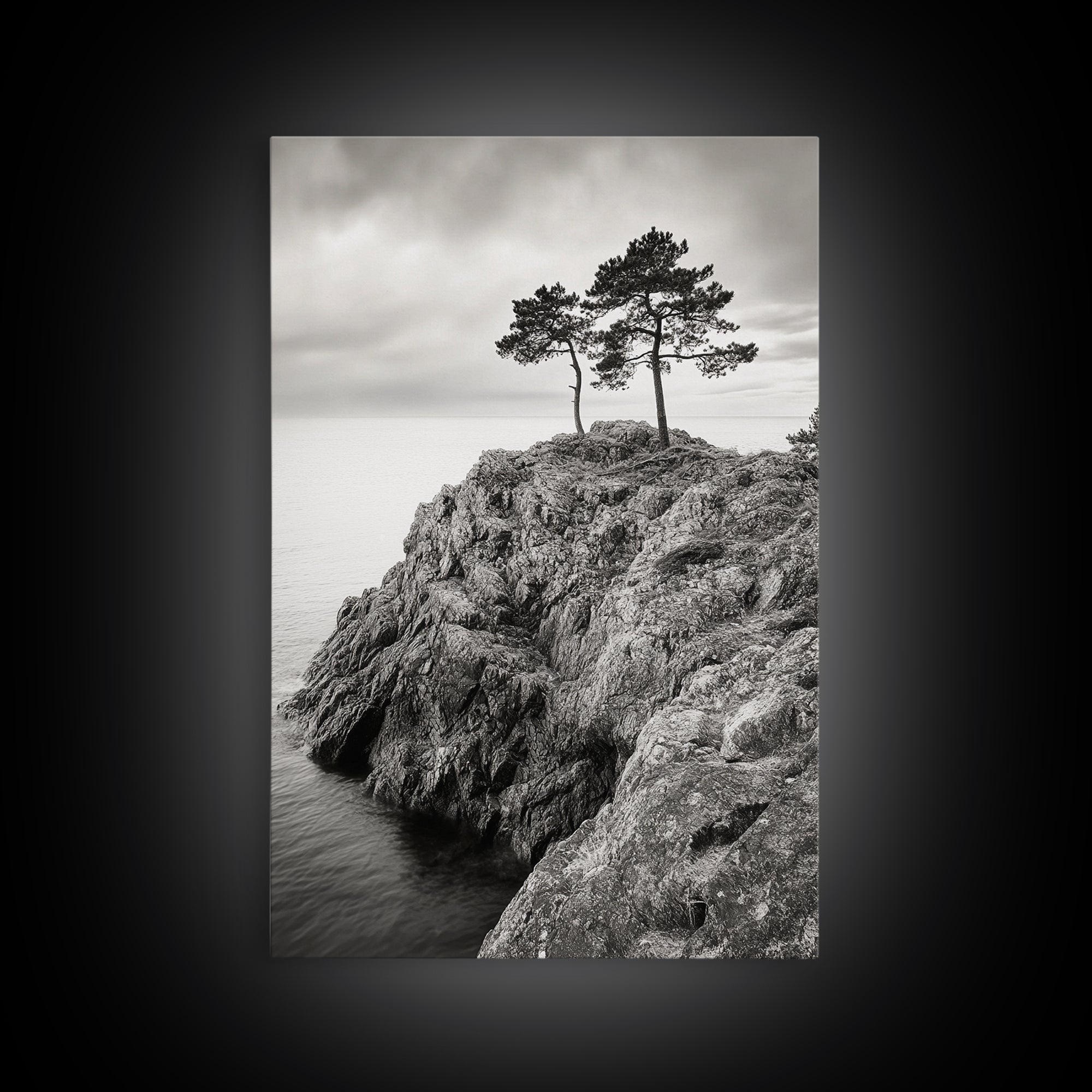 Rocky Coast, Lone Trees, Ocean View, Monochrome Calm, Framed Canvas Print, Bathroom Wall Art, Coastal Style, Minimalist Mountain Art