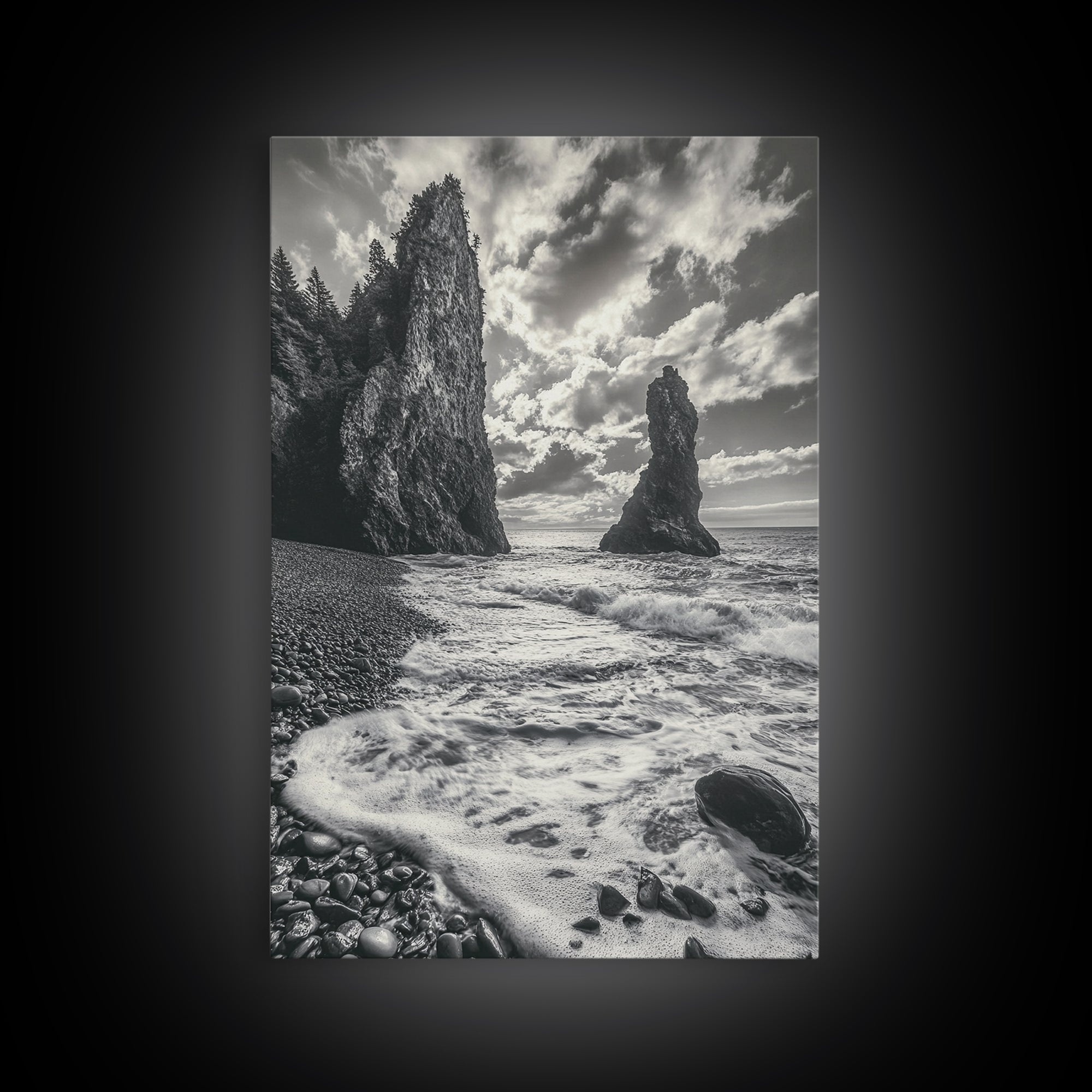Sea Spires, Ocean Foam, Pebble Shore, Wild Coast, Framed Canvas Print, Living Room Wall Art, Dramatic Landscape, Coastal Home Decor