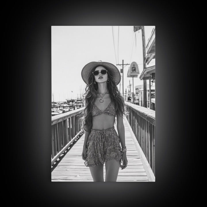 Pier Walk, Summer Fashion, Coastal Vibes, Chic Girl, Canvas Print, Fashion Wall Art, Modern Decor, Teen Room Artwork, Stylish Aesthetic