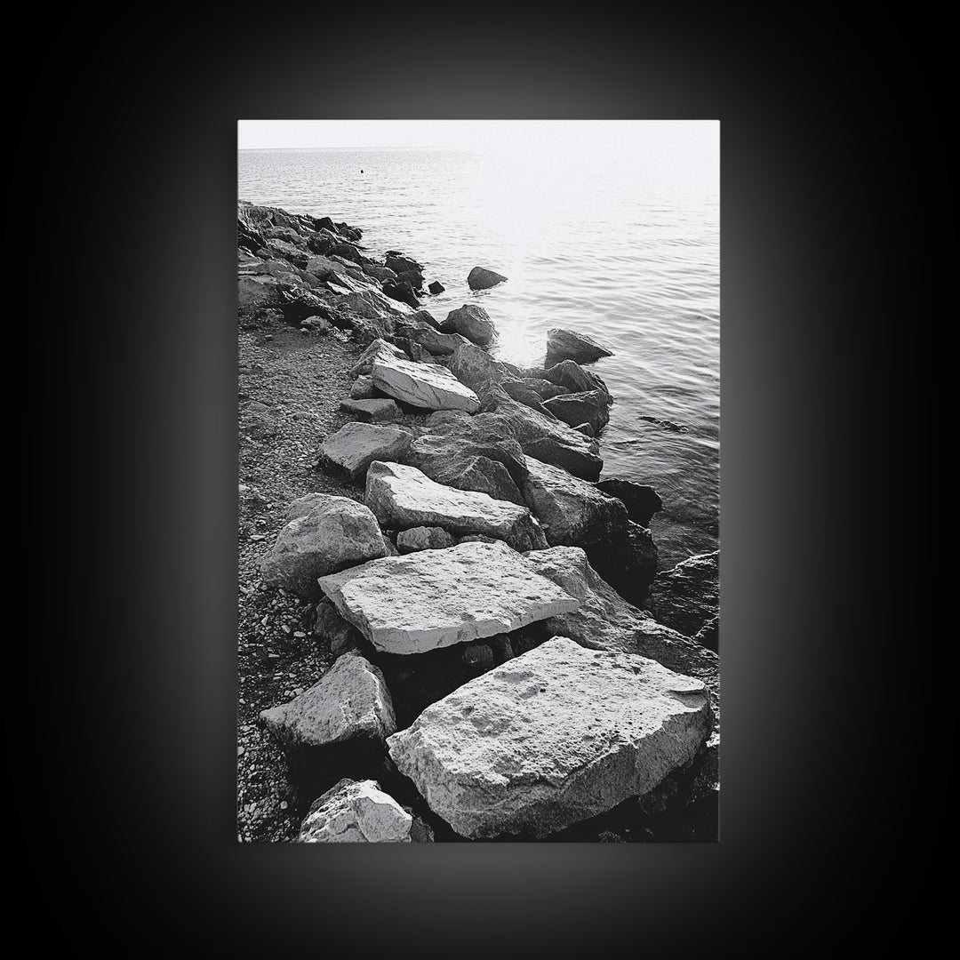 Shore Rocks, Sunlit Ocean, Rugged Texture, Minimal Horizon, Framed Canvas Print, Entryway Wall Art, Beach Decor, Neutral Tones