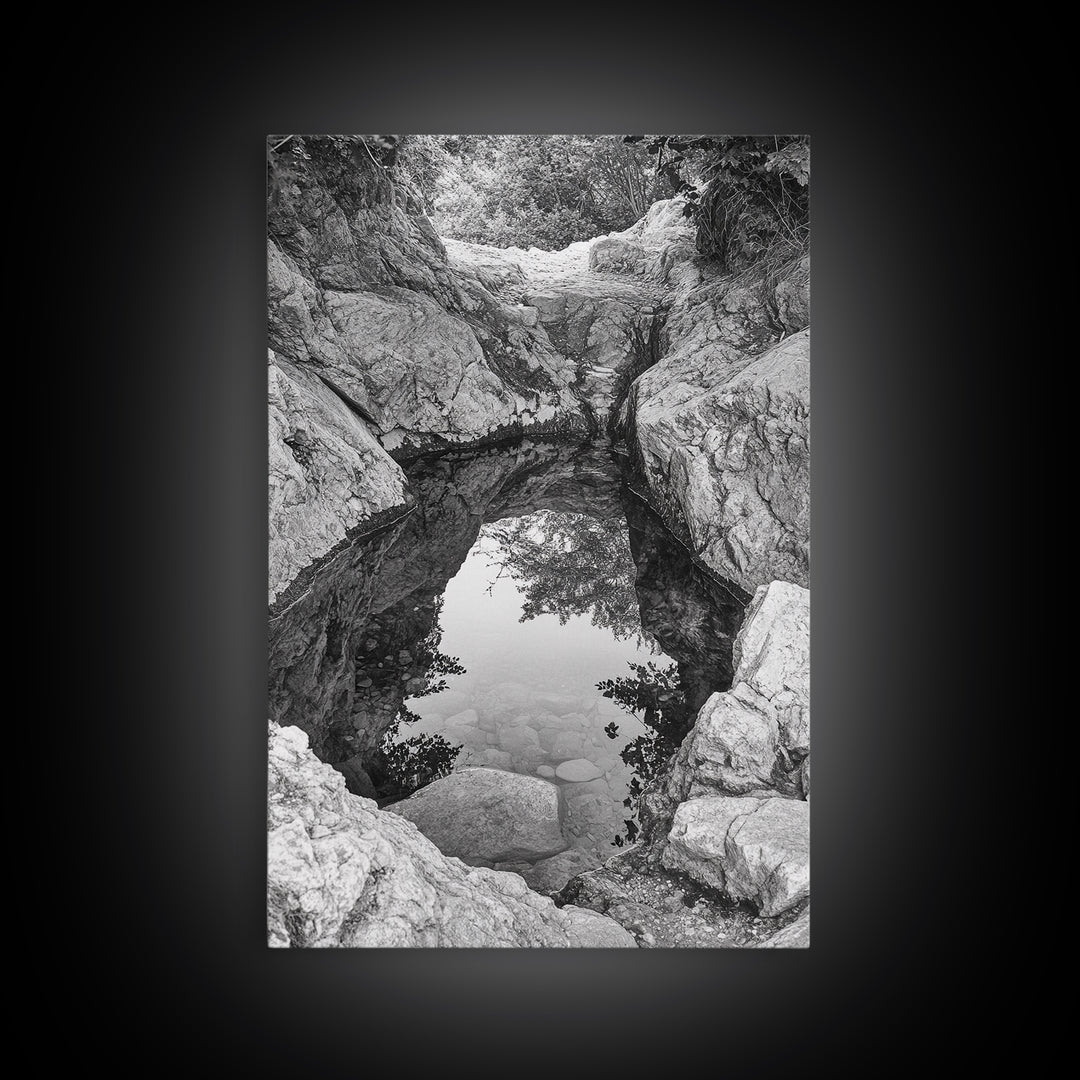 Reflective Rock Pool, Tranquil Nature, Monochrome Landscape, Black and White Framed Canvas Print, Minimalist Bathroom or Spa Wall Art
