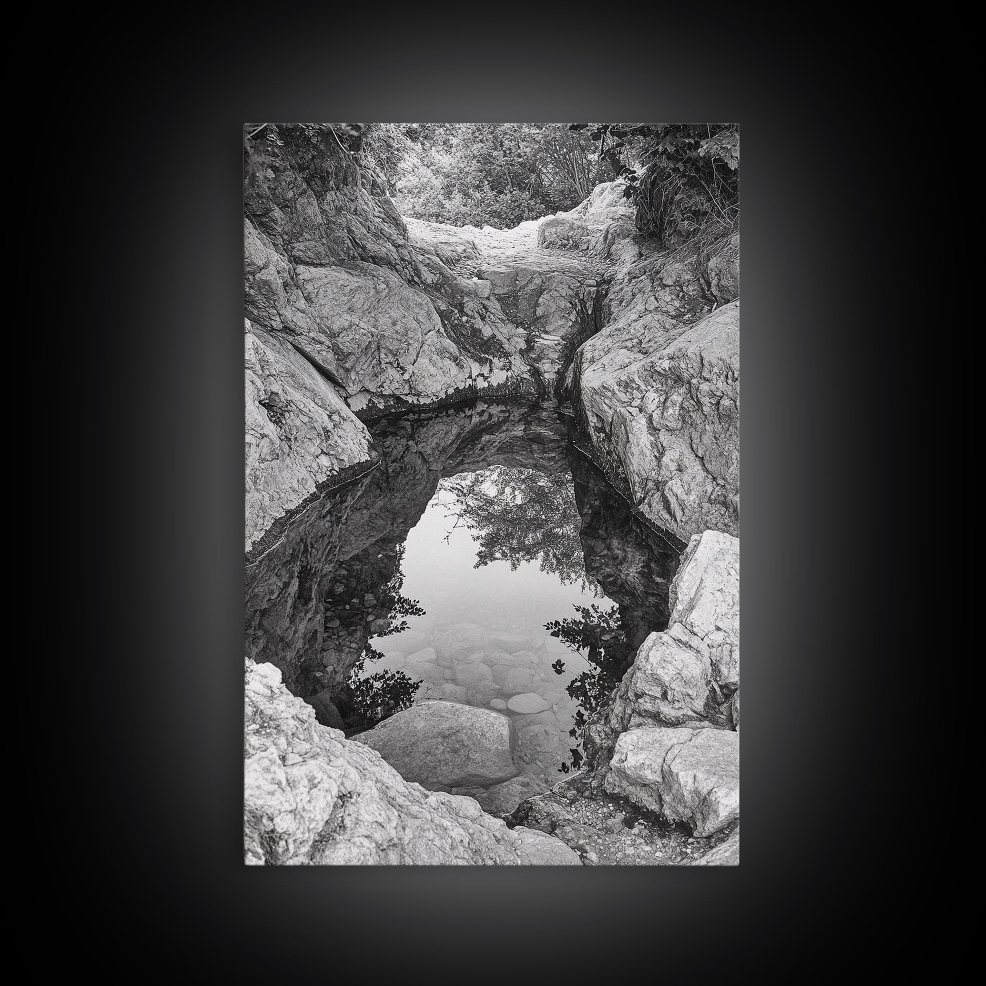 Reflective Rock Pool, Tranquil Nature, Monochrome Landscape, Black and White Framed Canvas Print, Minimalist Bathroom or Spa Wall Art