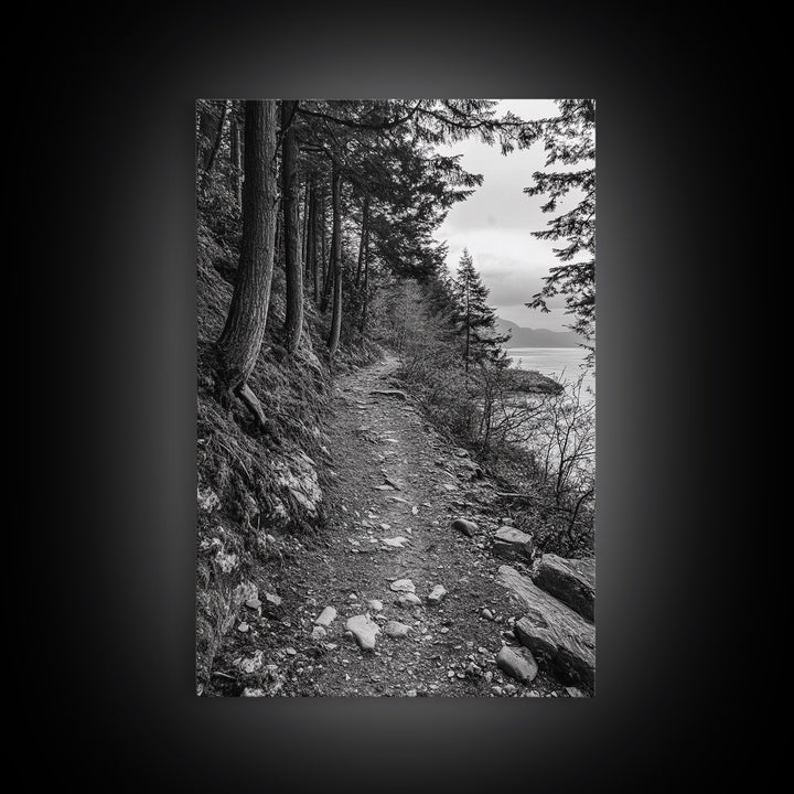 Forest Pathway Trail, Wilderness Escape, Rustic Nature, Black and White Framed Canvas Print, Cozy Cabin or Entryway Wall Art