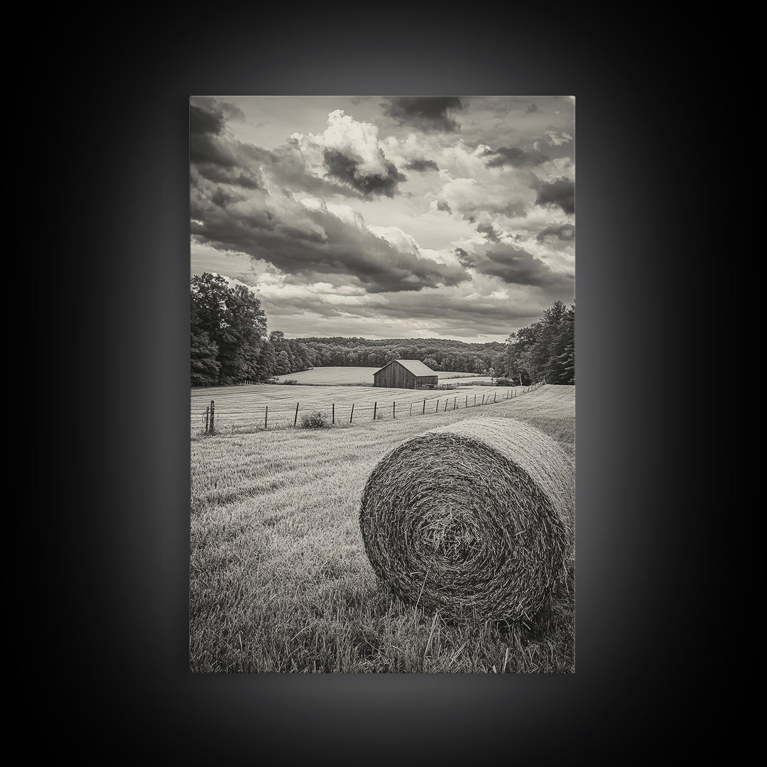 Autumn Hay Bale, Farm Field Scene, Country Landscape, Black and White Canvas Print, Rustic Kitchen or Fall Living Room Wall Art