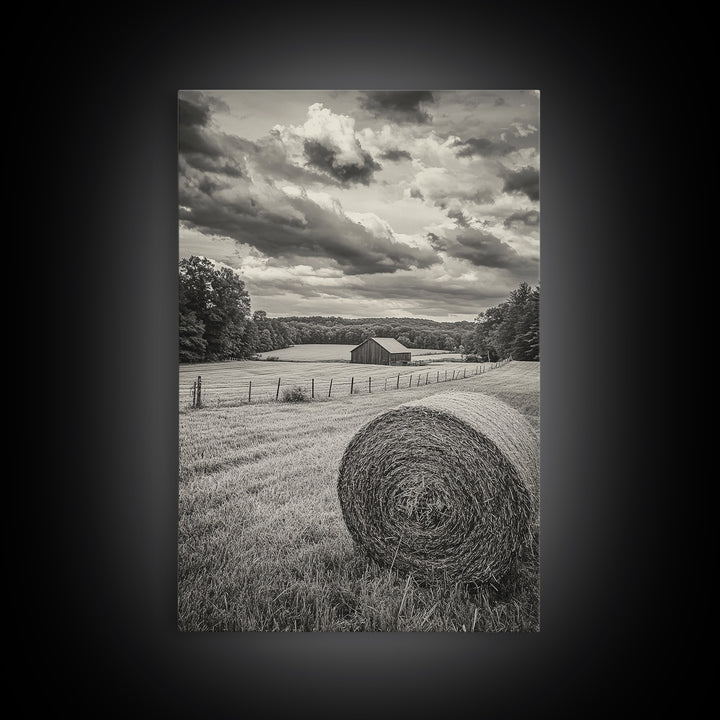 Autumn Hay Bale, Farm Field Scene, Country Landscape, Black and White Canvas Print, Rustic Kitchen or Fall Living Room Wall Art