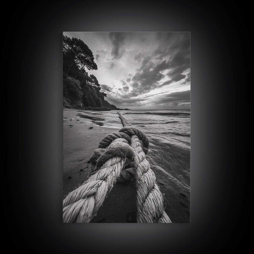 Beach Rope Knot, Coastal Connection, Ocean Shoreline, Nautical Canvas Print, Black and White Bathroom or Seaside Wall Decor