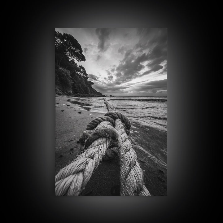 Beach Rope Knot, Coastal Connection, Ocean Shoreline, Nautical Canvas Print, Black and White Bathroom or Seaside Wall Decor