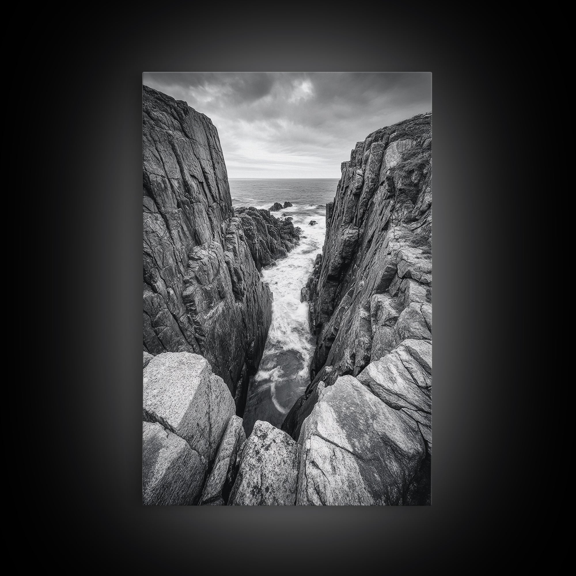 Ocean Cliff Pass, Rugged Coastal Rocks, Nature Power, Monochrome Framed Canvas Print, Moody Bathroom or Masculine Office Art
