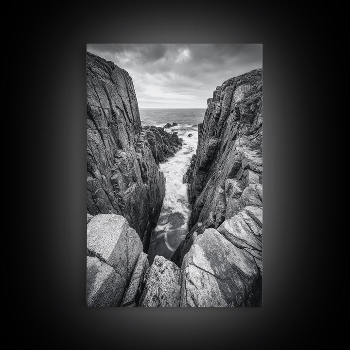 Ocean Cliff Pass, Rugged Coastal Rocks, Nature Power, Monochrome Framed Canvas Print, Moody Bathroom or Masculine Office Art