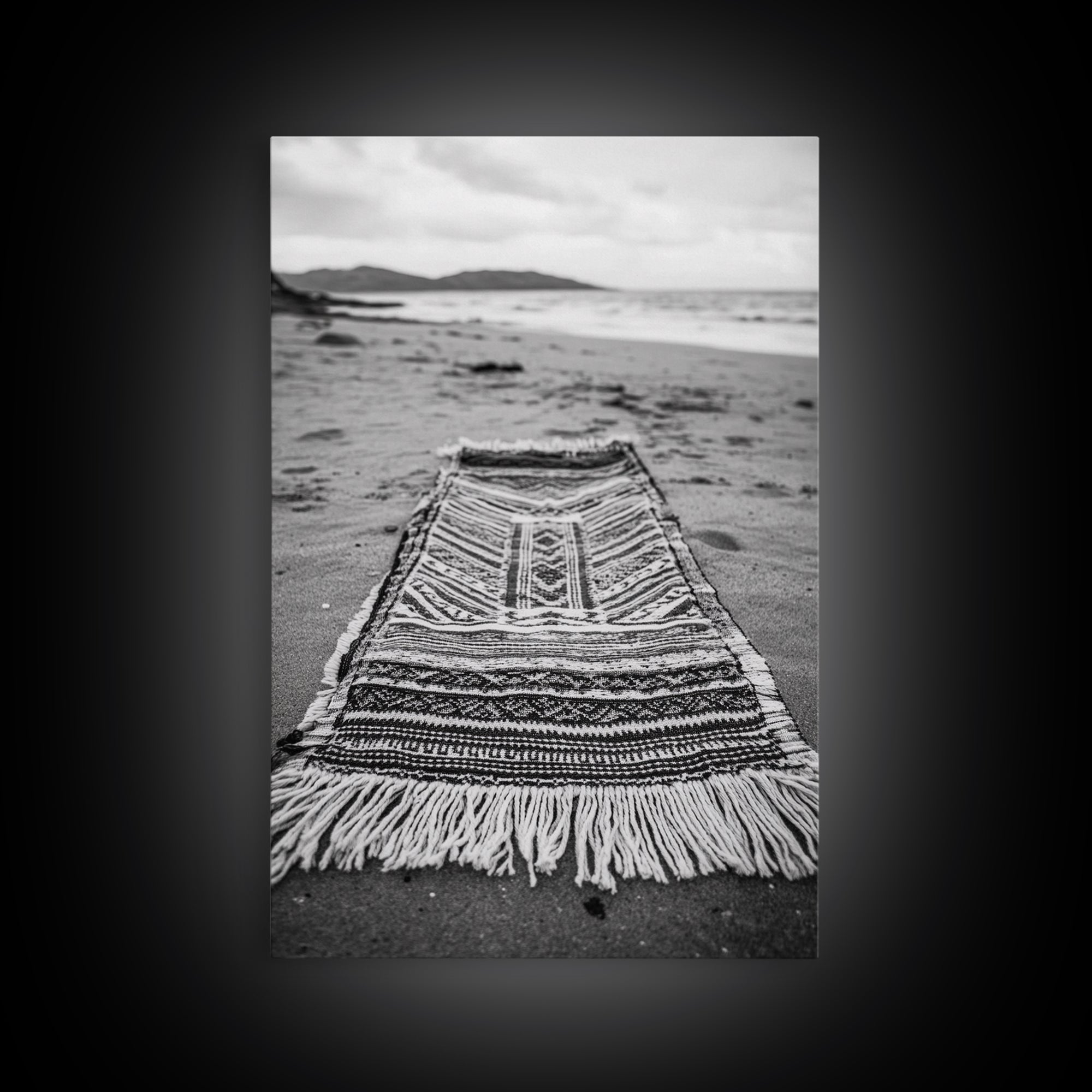 Woven Rug Beach, Bohemian Escape, Textile Texture, Black and White Canvas Print, Boho Bedroom or Yoga Studio Wall Decor