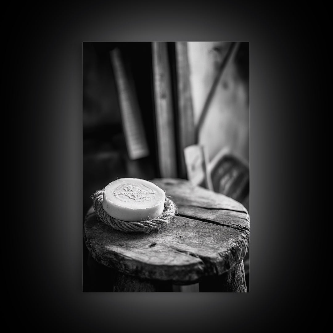 Artisan Soap Still Life, Rustic Wellness Scene, Country Bathroom, Monochrome Framed Canvas Print, Farmhouse Bathroom Wall Art