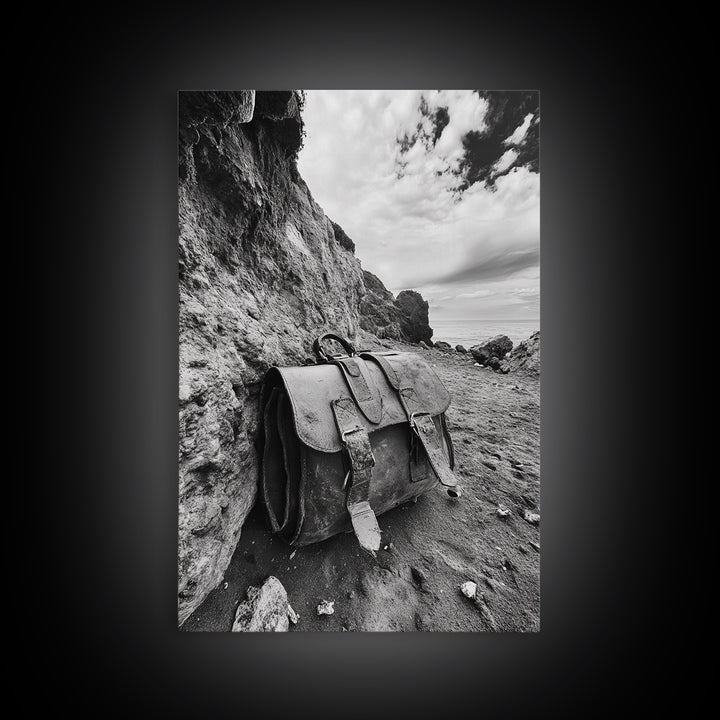 Deserted Leather Satchel, Coastal Adventure, Weathered Texture, Black and White Canvas Print, Vintage Office or Studio Wall Art