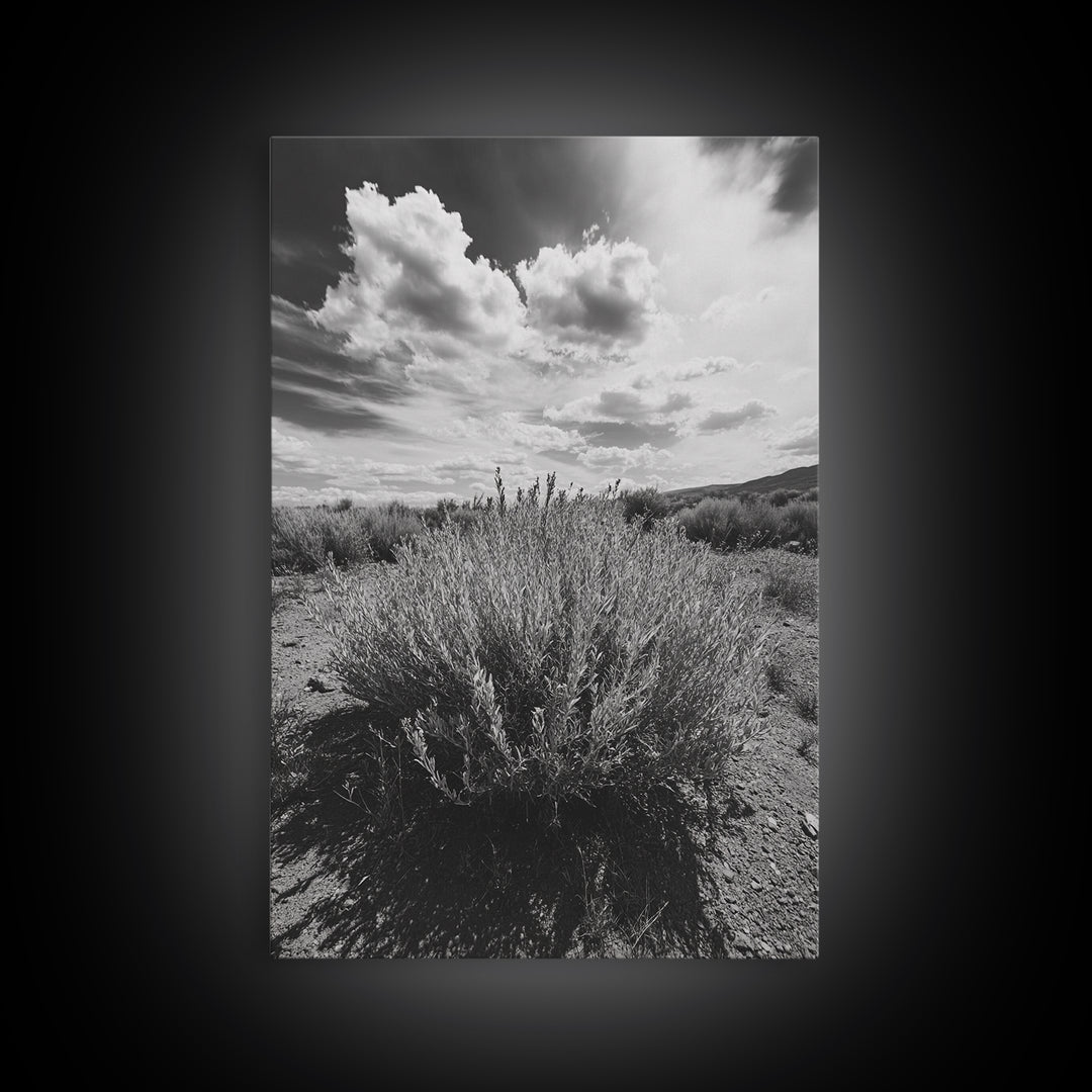 Desert Sage, Cloud Sky, Nature Wall Decor, Framed Canvas Print, Minimalist Art, Boho Style, Neutral Tones, Entryway Botanical Print