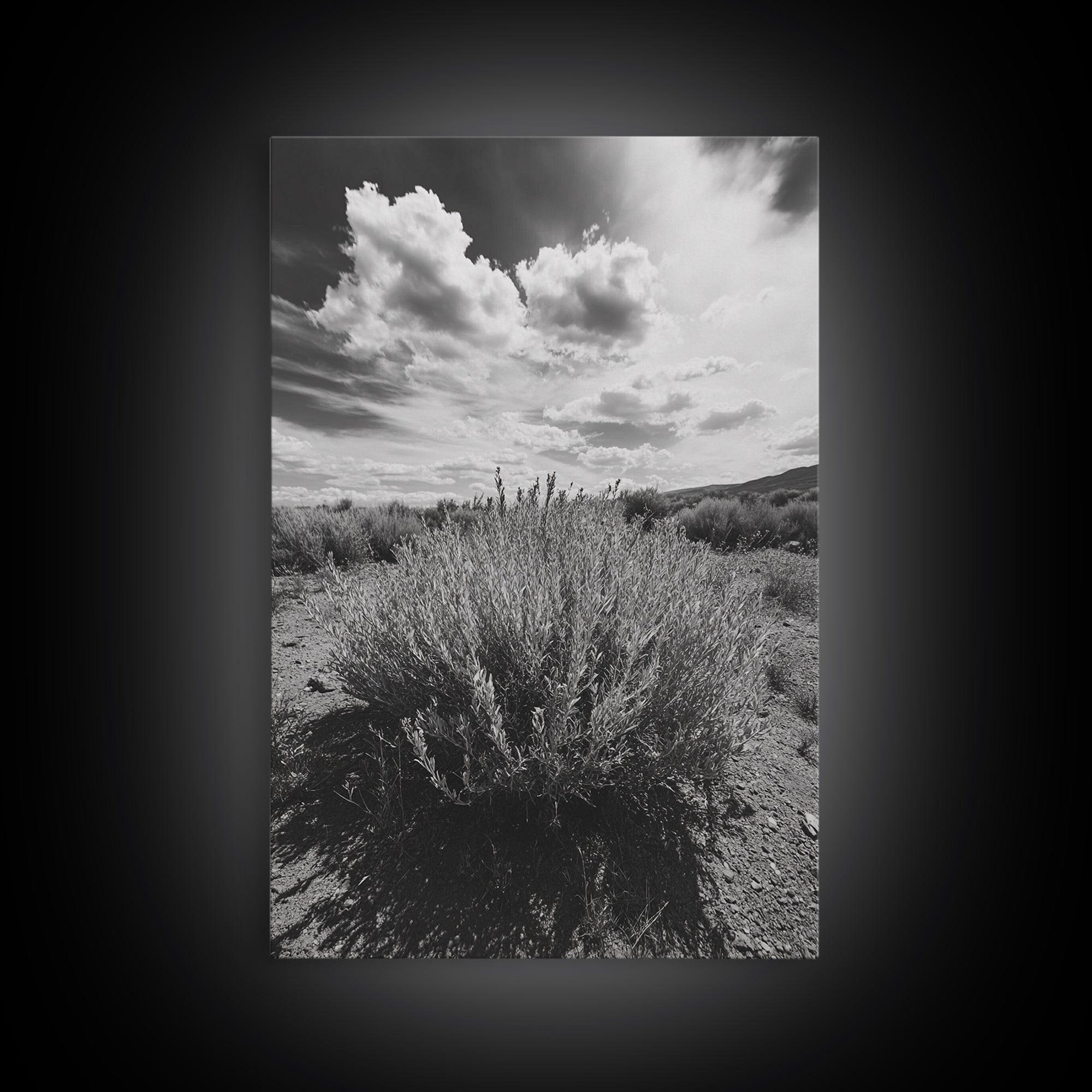 Desert Sage, Cloud Sky, Nature Wall Decor, Framed Canvas Print, Minimalist Art, Boho Style, Neutral Tones, Entryway Botanical Print