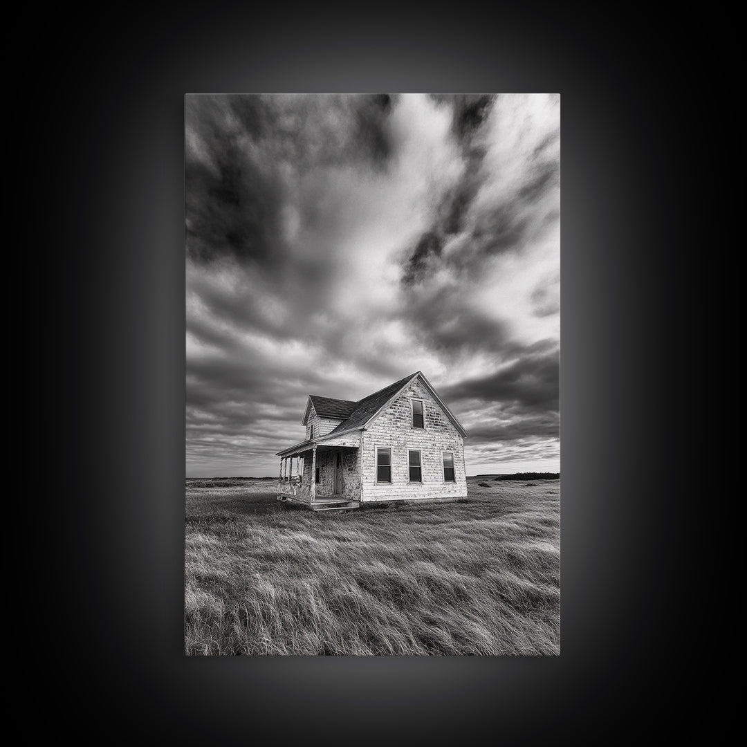 Abandoned House, Windy Prairie, Haunted Landscape, Framed Canvas Print, Fall Wall Art, Rural Home Decor, Moody Halloween Style