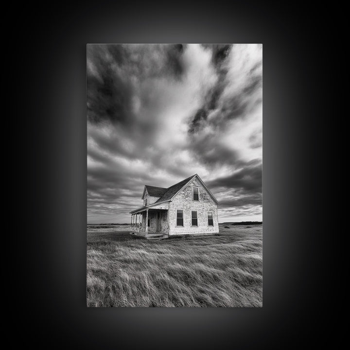 Abandoned House, Windy Prairie, Haunted Landscape, Framed Canvas Print, Fall Wall Art, Rural Home Decor, Moody Halloween Style