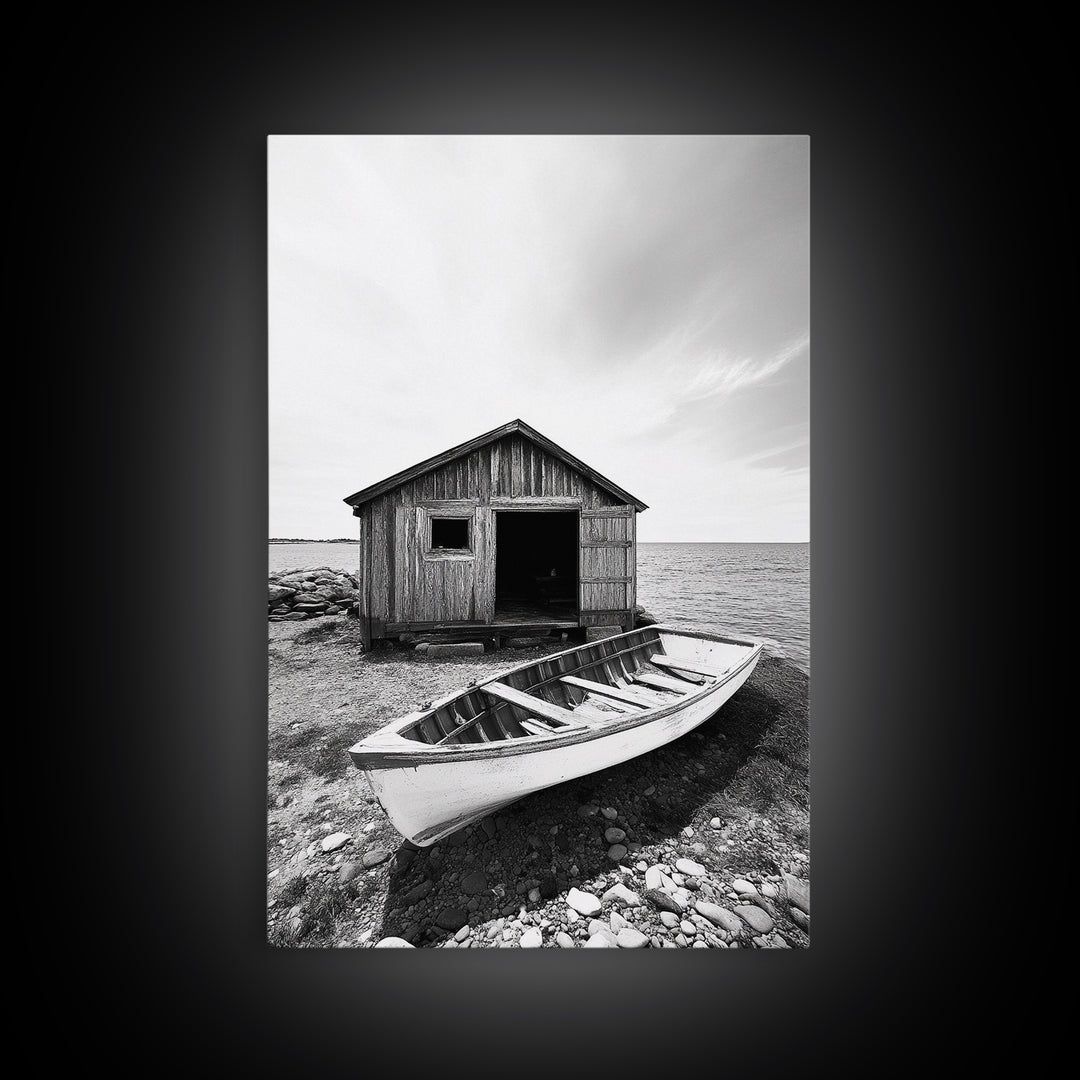 Shore Cabin, Rowboat Rest, Coastal Cabin, Serene Shoreline, Canvas Print, Lake House Wall Art, Rustic Decor, Living Room Seaside Art