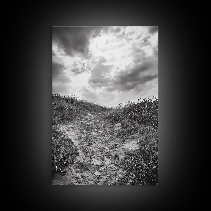 Sandy Trail, Ocean Path, Windy Grass, Moody Sky, Framed Canvas Print, coastal nature photography, hallway decor, rustic neutral art