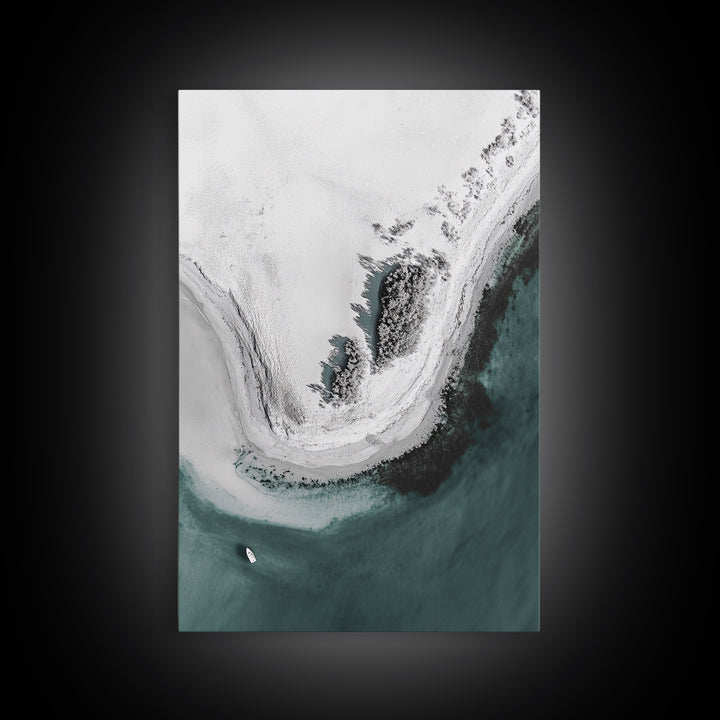 Aerial Beach, Turquoise Sea, Minimal Shoreline, Boat View, Canvas Print, coastal minimalist art, bathroom wall art, modern ocean photo