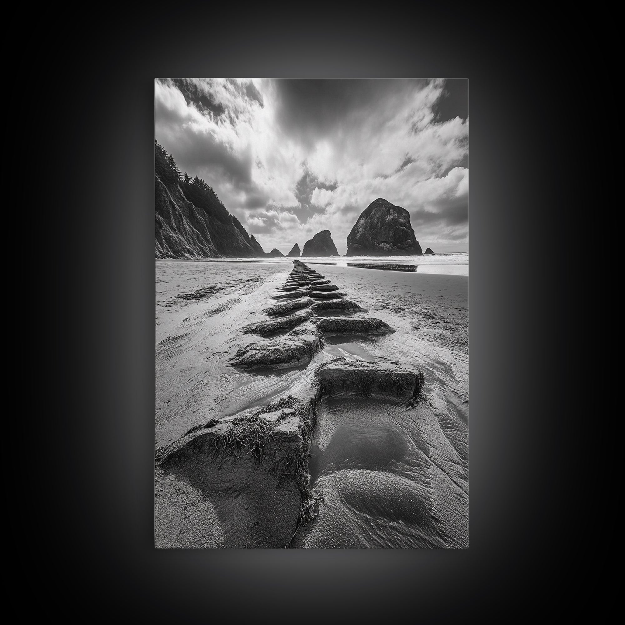 Ocean Rocks, Beach Landscape, Cloudy Sky, Rugged Coast, Canvas Print, coastal adventure wall art, living room decor, nature lover gift