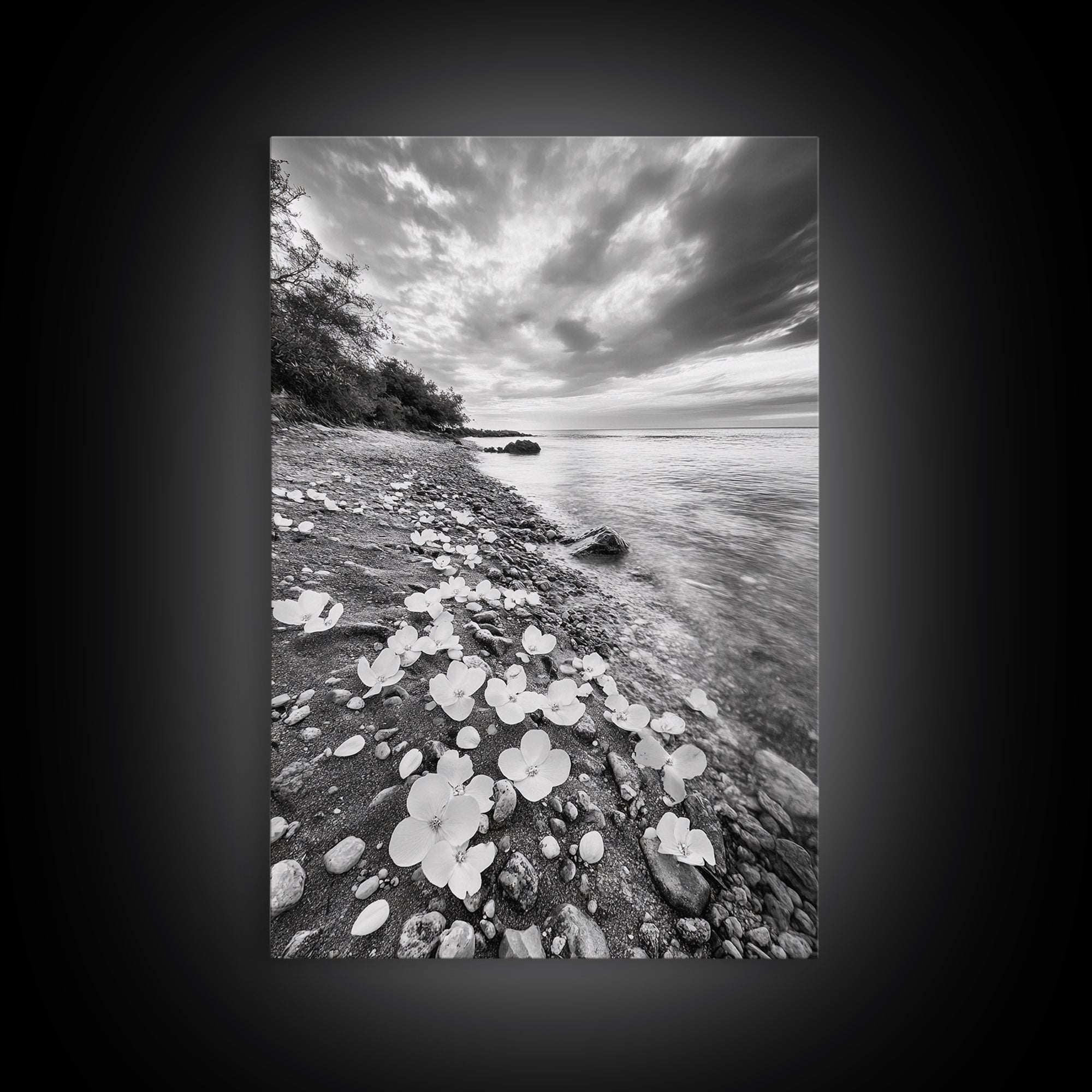Flower Shore, Peaceful Beach, Moody Sky, Petal Scape, Framed Canvas Print, romantic beach art, bedroom decor, black and white floral print