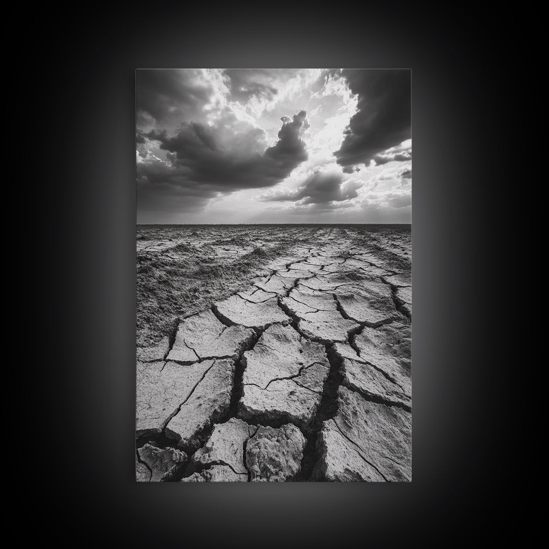 Cracked Earth, Drought Desert, Apocalyptic Sky, Dry Landscape, Canvas Print, minimalist wall decor, modern earth tones, office statement piece