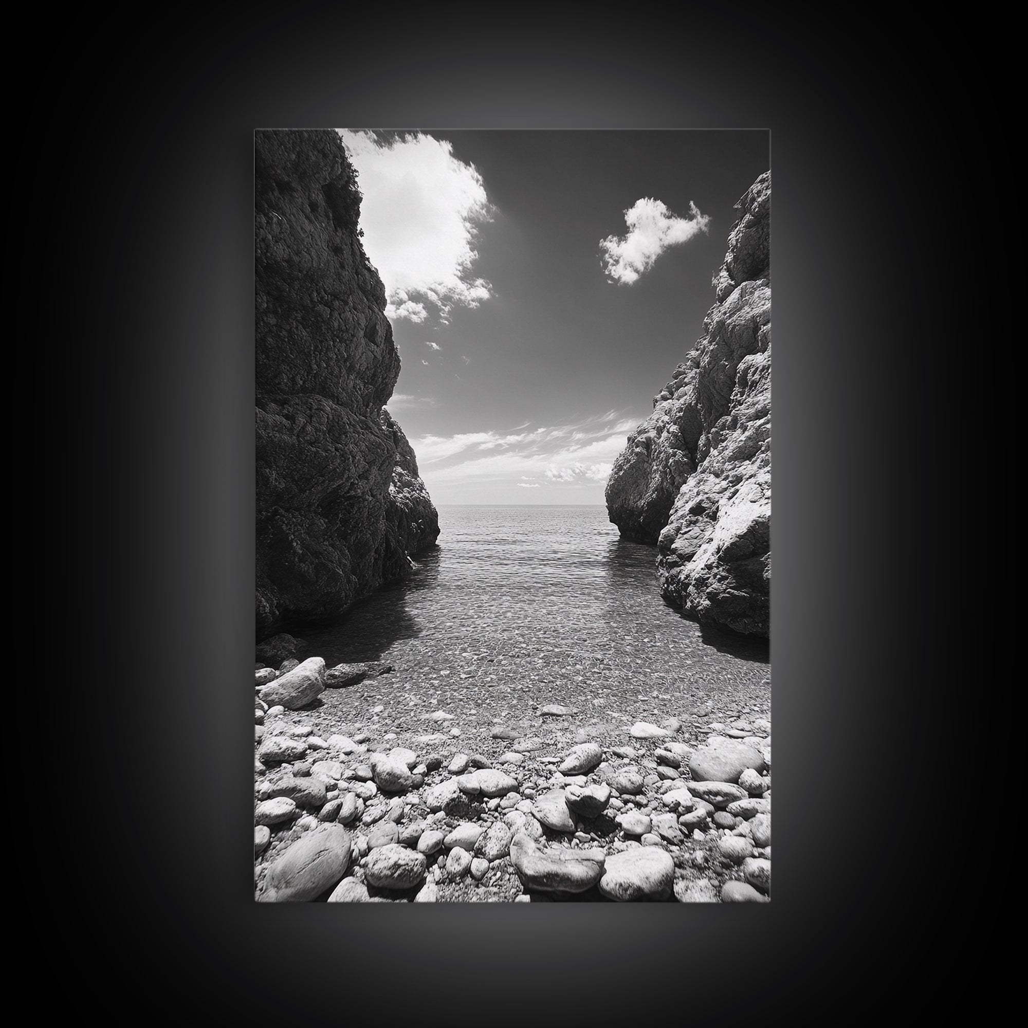 Rocky Cove, Serene Sea, Coastal Escape, Crystal Water, Canvas Print, bathroom ocean art, coastal minimalist decor, tranquil seascape gift