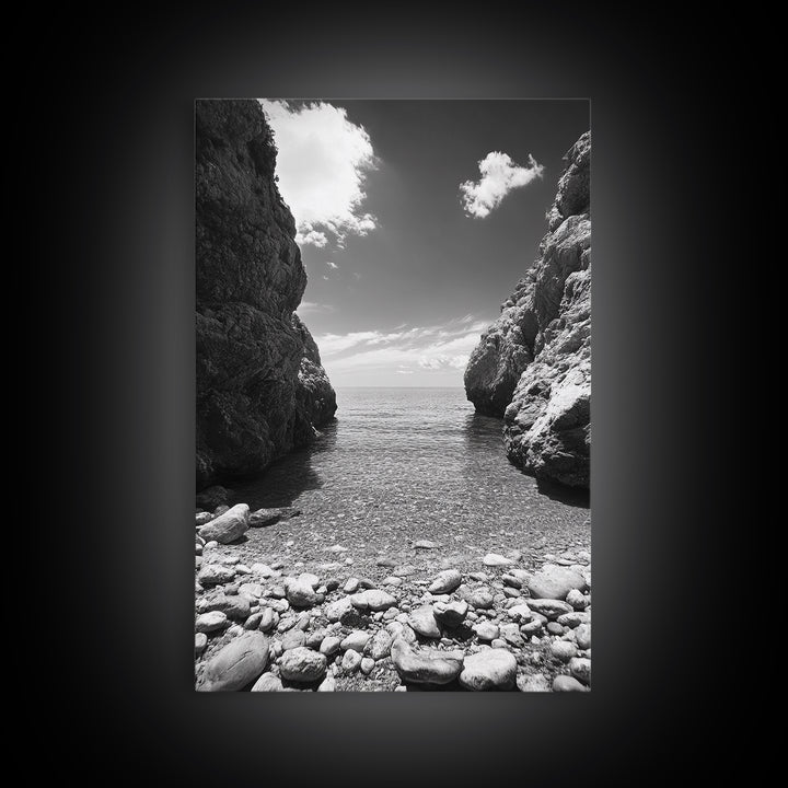 Rocky Cove, Serene Sea, Coastal Escape, Crystal Water, Canvas Print, bathroom ocean art, coastal minimalist decor, tranquil seascape gift