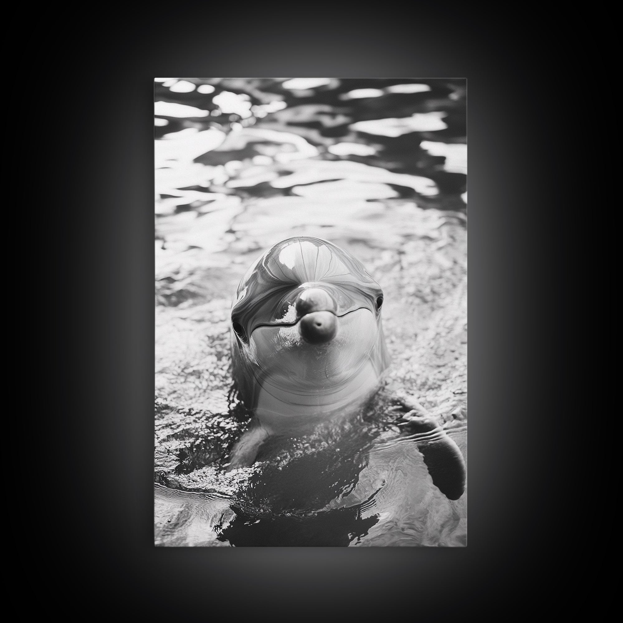 Dolphin Smile, Ocean Friend, Water Reflections, Gentle Waves, Framed Canvas Print, Kids Bathroom Art, Marine Life Decor, Playroom Artwork