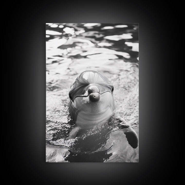 Dolphin Smile, Ocean Friend, Water Reflections, Gentle Waves, Framed Canvas Print, Kids Bathroom Art, Marine Life Decor, Playroom Artwork