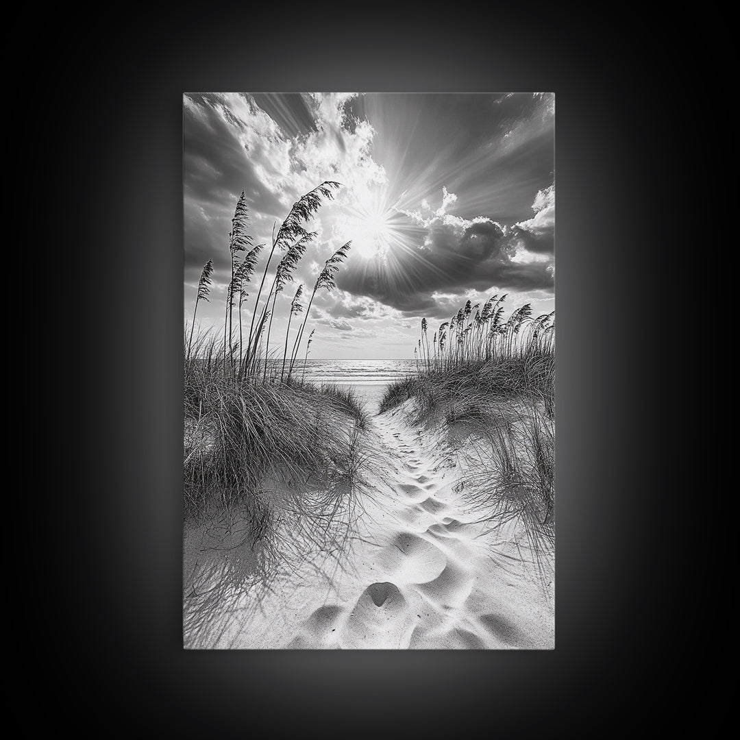 Beach Path, Seagrass Sunset, Radiant Sky, Coastal Light, Framed Canvas Print, coastal farmhouse decor, entryway art, sunshine beach scene