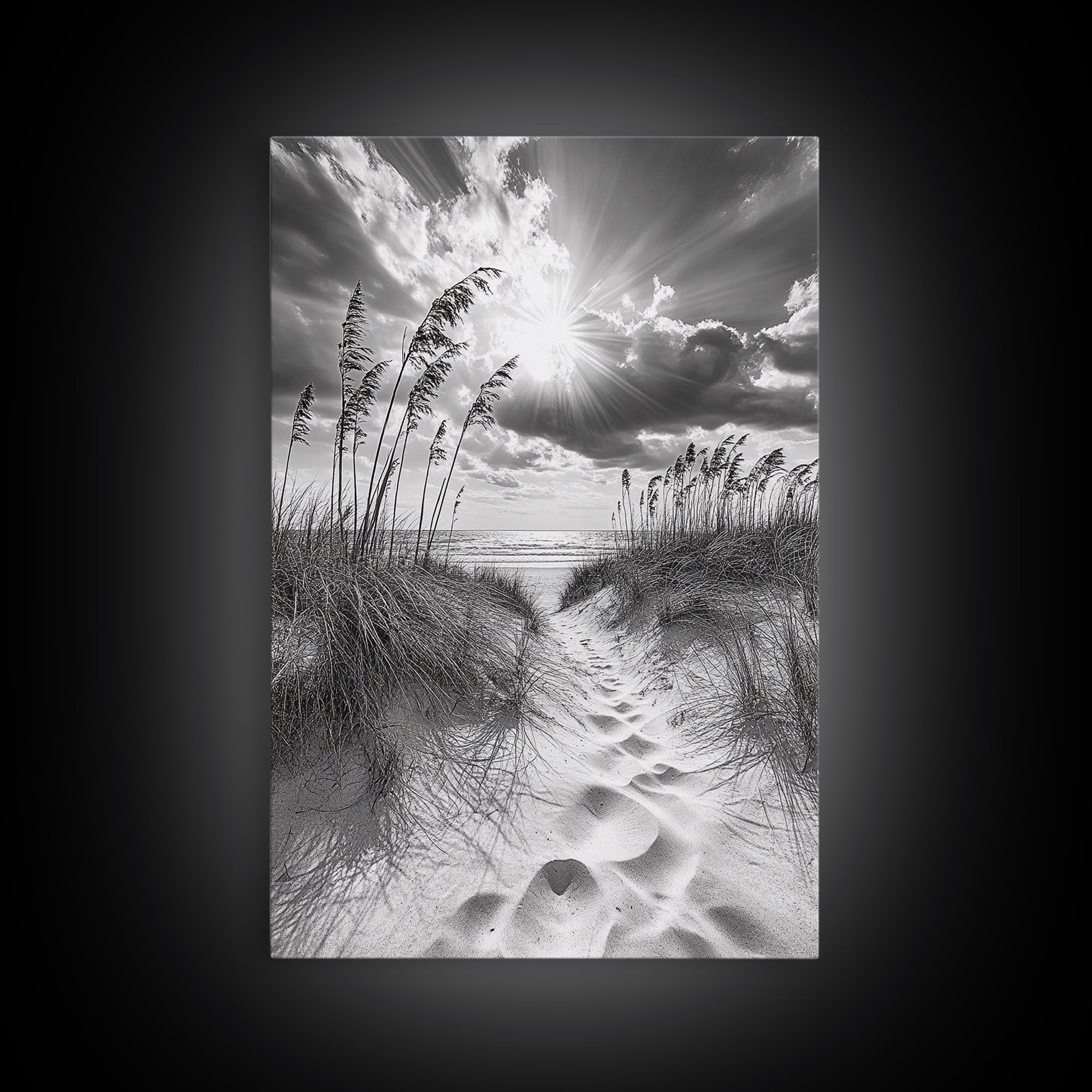 Beach Path, Seagrass Sunset, Radiant Sky, Coastal Light, Framed Canvas Print, coastal farmhouse decor, entryway art, sunshine beach scene