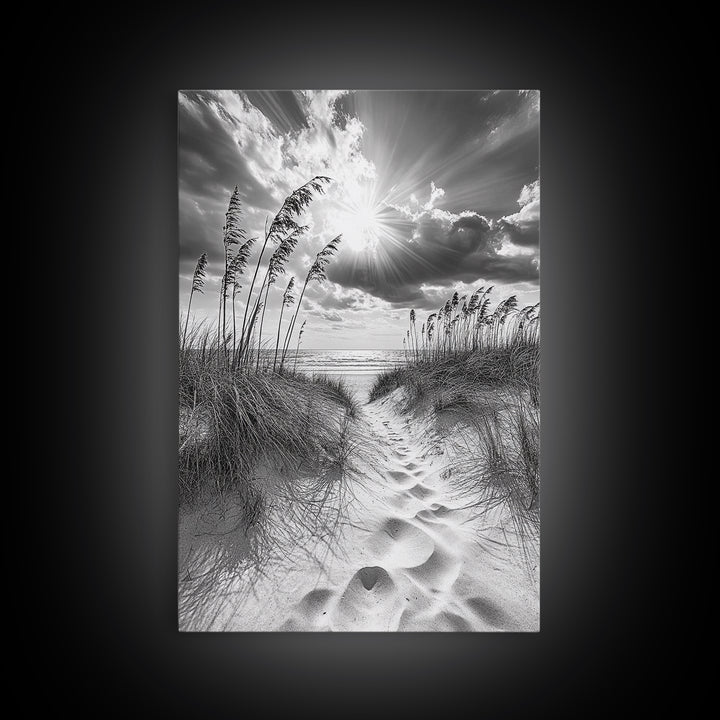 Beach Path, Seagrass Sunset, Radiant Sky, Coastal Light, Framed Canvas Print, coastal farmhouse decor, entryway art, sunshine beach scene