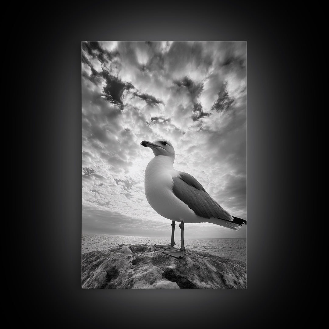 Coastal Seagull, Ocean Breeze, Serene Sky, Seaside Moment Framed Canvas Print, coastal decor, nautical bathroom wall art, nature photography
