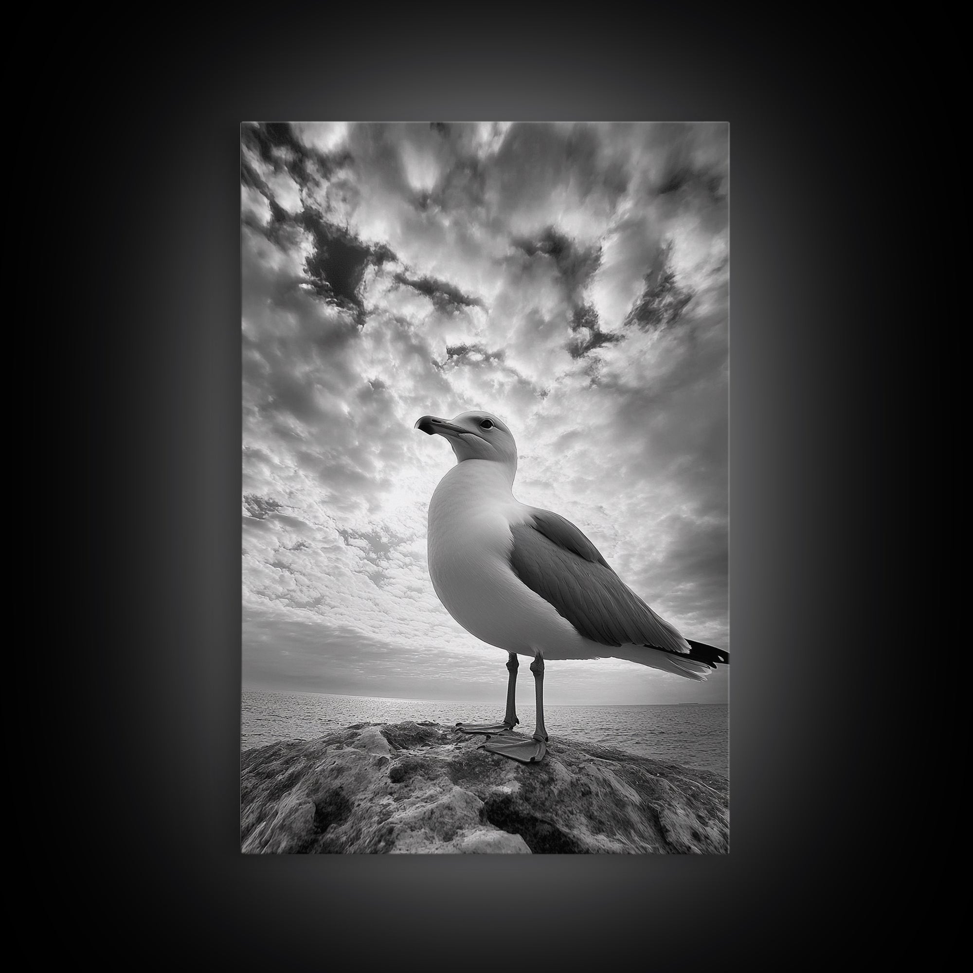 Coastal Seagull, Ocean Breeze, Serene Sky, Seaside Moment Framed Canvas Print, coastal decor, nautical bathroom wall art, nature photography