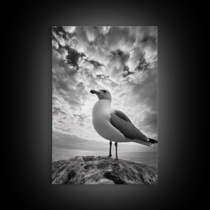 Coastal Seagull, Ocean Breeze, Serene Sky, Seaside Moment Framed Canvas Print, coastal decor, nautical bathroom wall art, nature photography