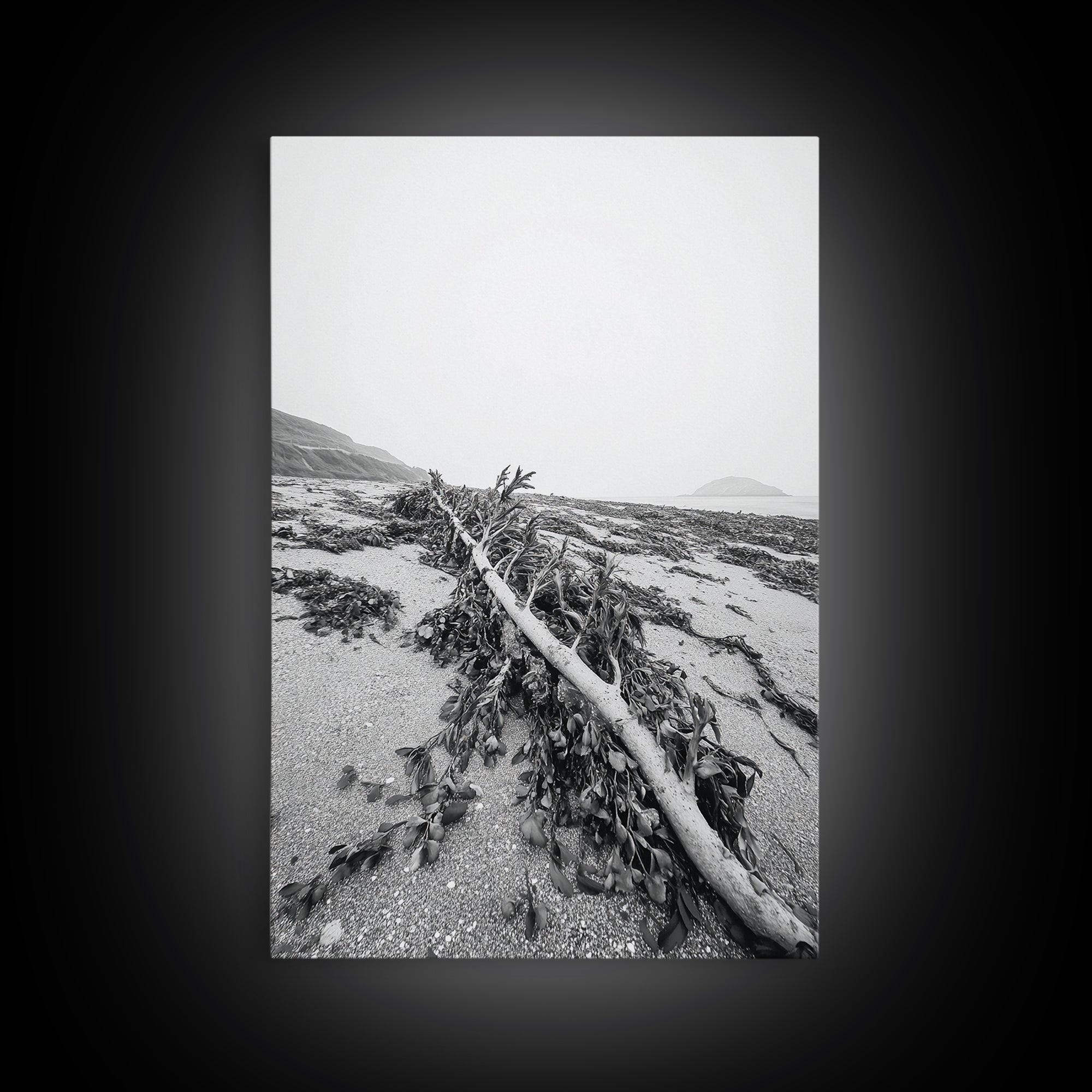 Seaweed Shoreline, Drifted Beauty, Coastal Debris, Tide Echo Framed Canvas Print, ocean nature wall art, minimalist beach decor