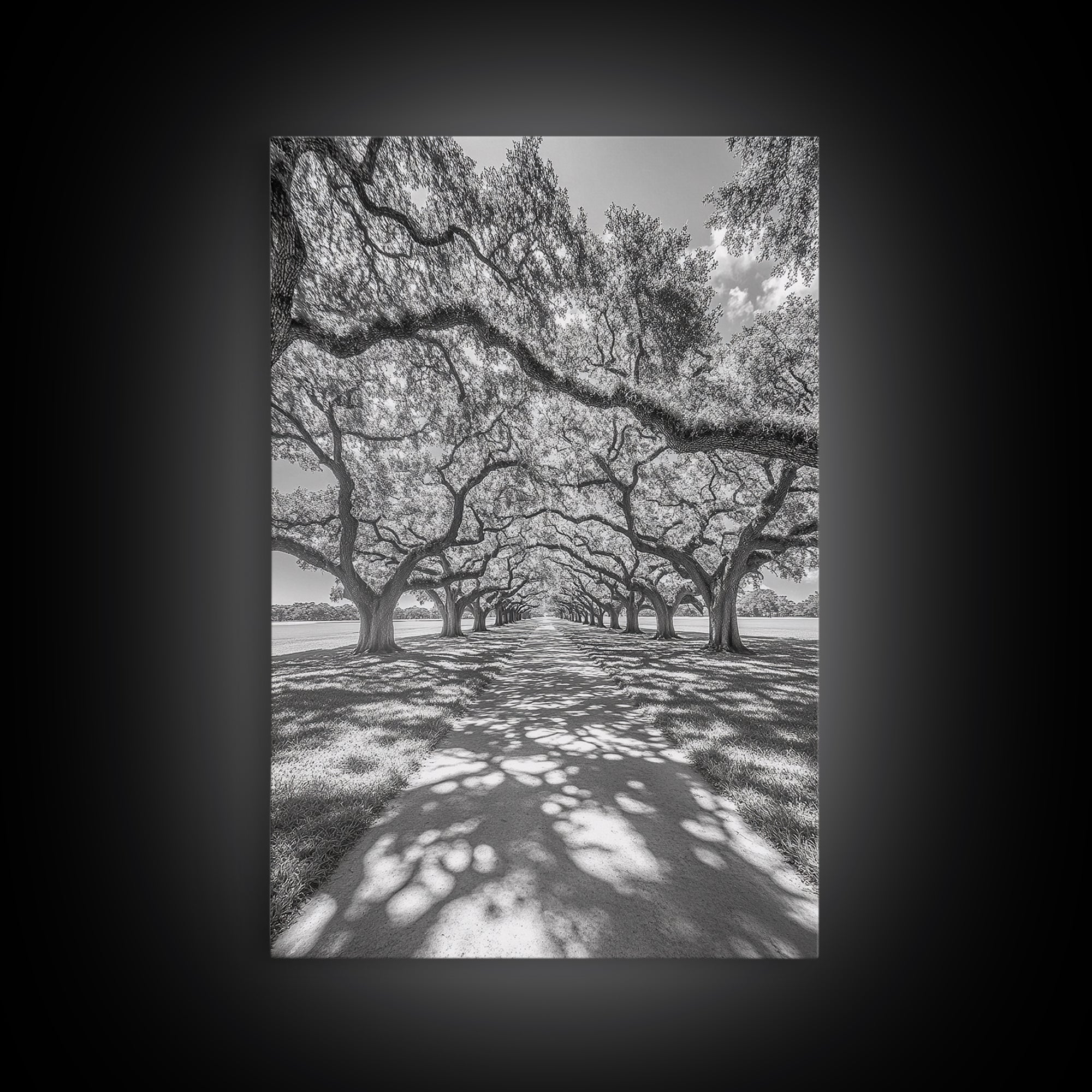 Oak Tree Tunnel, Southern Charm, Shaded Pathway, Timeless Trees Framed Canvas Print, farmhouse wall decor, hallway landscape art