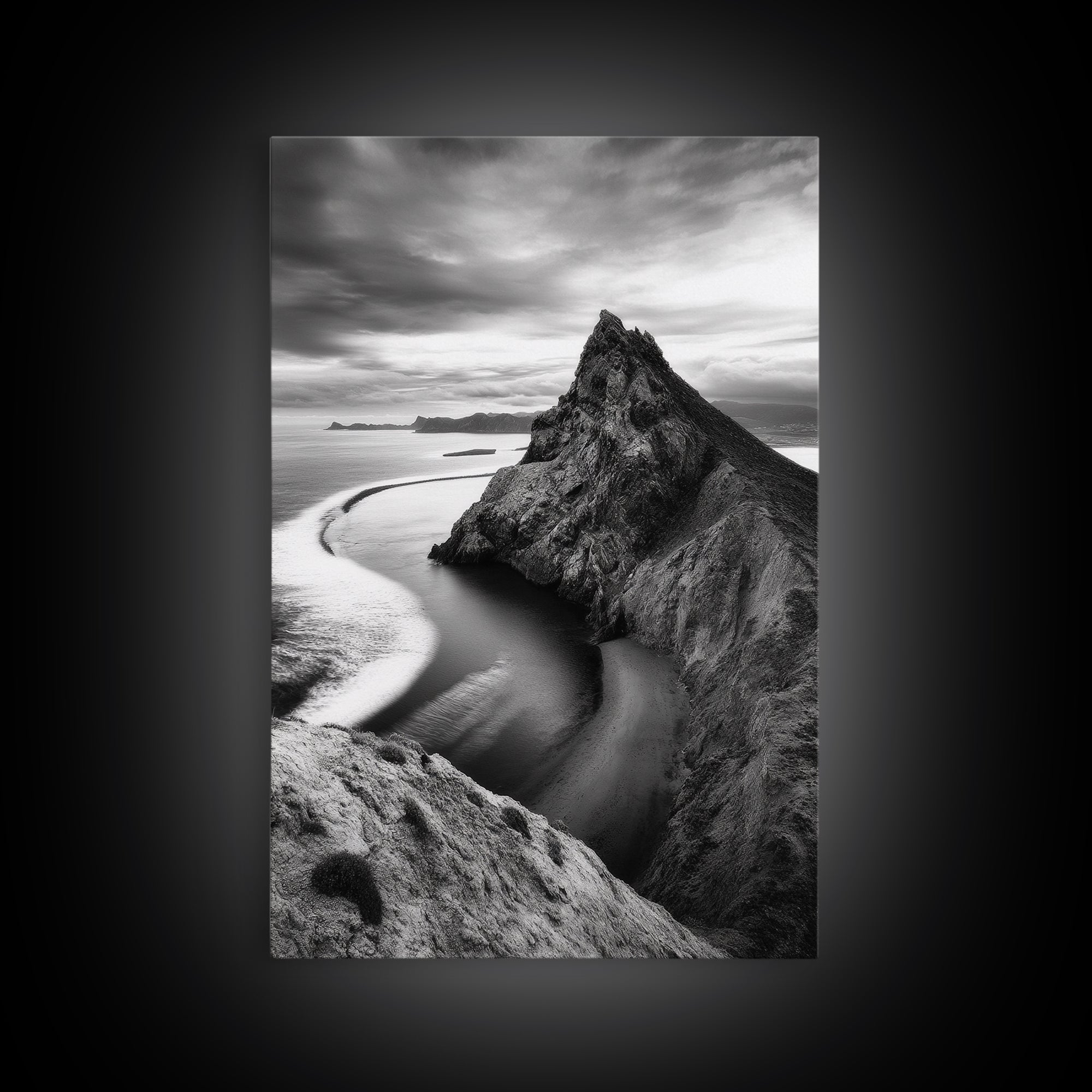Mountain Peak, Coastal Horizon, Nature Majesty, Serene Edge Framed Canvas Print, modern landscape art, minimalist bedroom decor