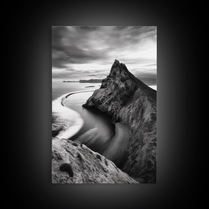 Mountain Peak, Coastal Horizon, Nature Majesty, Serene Edge Framed Canvas Print, modern landscape art, minimalist bedroom decor
